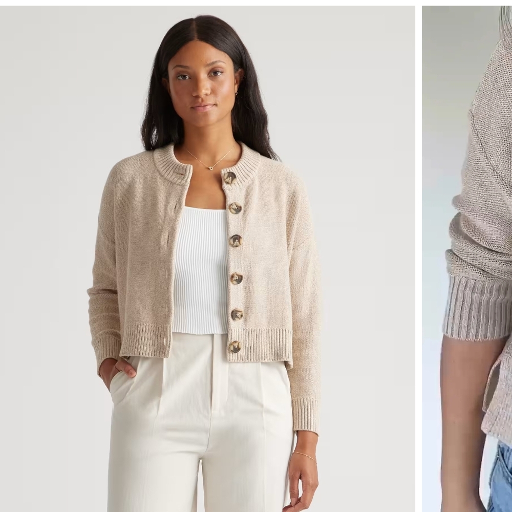 Quince Beige Cropped Button-Front Women's Cardigan
